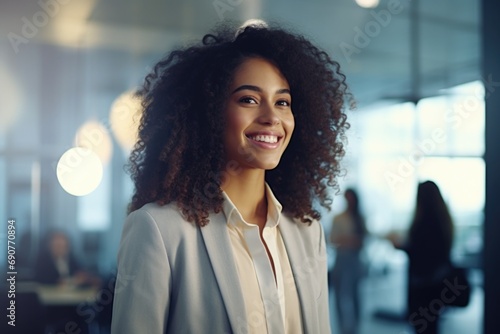 A woman with curly hair smiling in an office. Suitable for business and workplace concepts photo