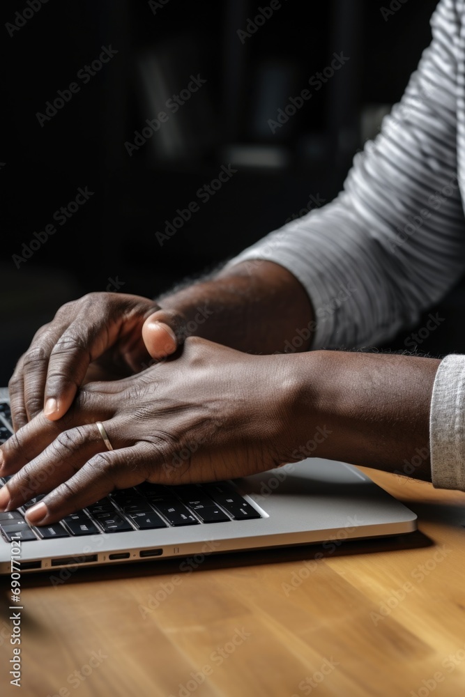 A person is seen typing on a laptop computer. This image can be used to depict technology, work, productivity, remote work, or education