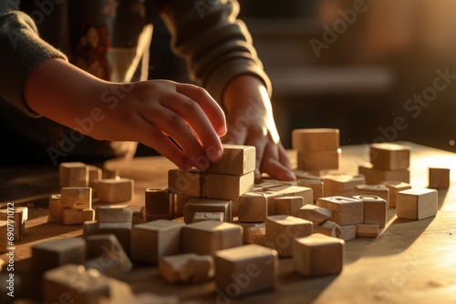 A person is seen playing with wooden blocks on a table. This versatile image can be used to represent creativity, problem-solving, education, or family activities