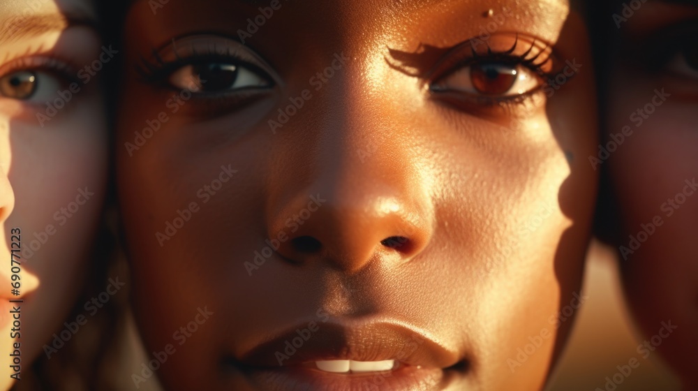 A close-up view of a woman's face featuring three different eyes. This unique image can be used to depict concepts related to diversity, individuality, or surrealism A close-up view of a woman's face featuring three different eyes. This unique image can be used to depict concepts related to diversity, individuality, or surrealism