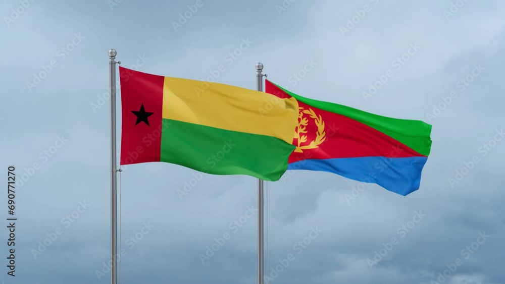 Eritrea and Guinea-Bissau flag waving together on cloudy sky, endless seamless loop, two country cooperation concept Eritrea and Guinea-Bissau flag waving together on cloudy sky, endless seamless loop, two country cooperation concept