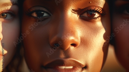 A close-up view of a woman's face featuring three different eyes. This unique image can be used to depict concepts related to diversity, individuality, or surrealism