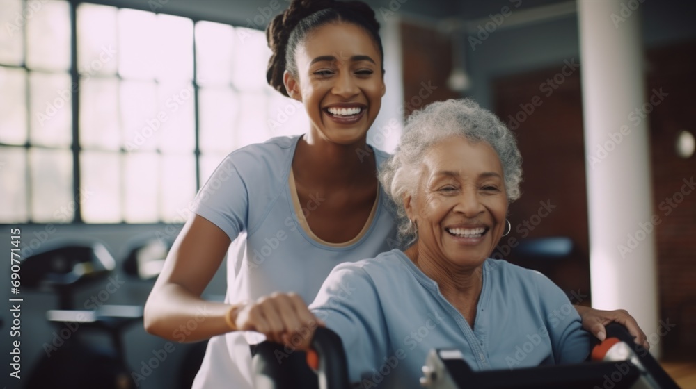 A woman kindly helping an older woman using a walker. This image can be used to depict compassion, support, and caregiving in various contexts - obrazy, fototapety, plakaty 