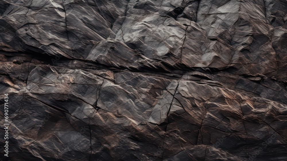 Fototapeta premium Black brown rock texture background. Close-up Mountain rough surface. Stone wall background with copy space for design banner