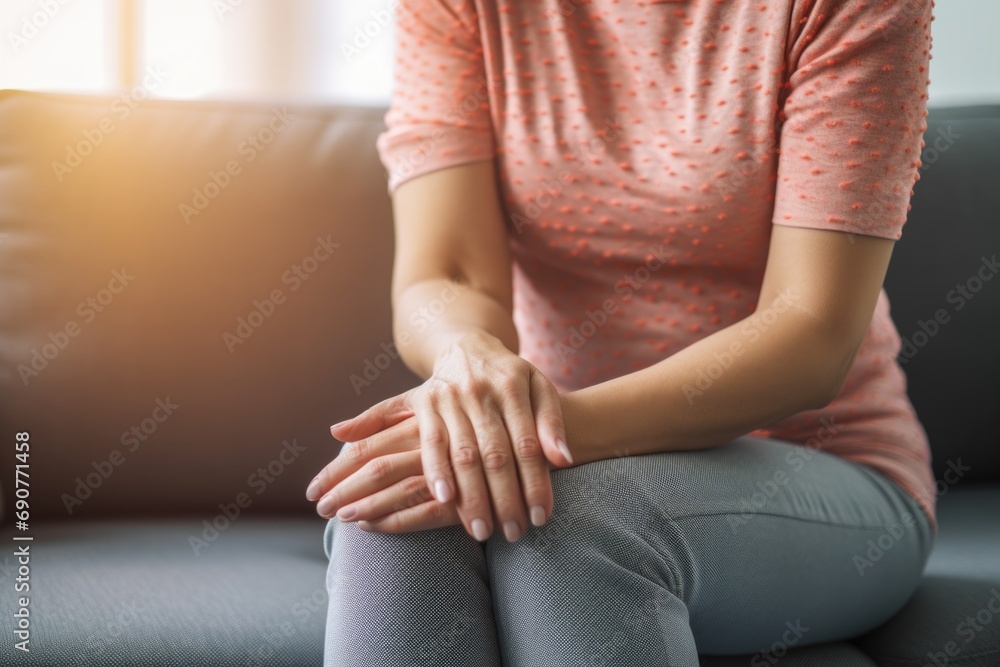 A woman is depicted sitting on a couch with her hands resting on her knees. This image can be used to portray relaxation, contemplation, or introspection