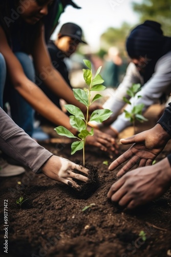 A group of people coming together to plant a tree. This image can be used to represent teamwork, environmental conservation, and community engagement. photo