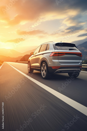 A silver SUV is seen driving down a highway during a picturesque sunset. This image can be used to depict travel, adventure, road trips, or transportation