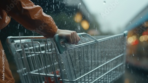 A person pushing a shopping cart in the rain. This image can be used to depict everyday activities in wet weather