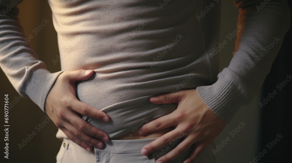 A woman standing with her hands placed gently on her stomach. This image can be used to represent pregnancy, motherhood, or a person experiencing abdominal discomfort