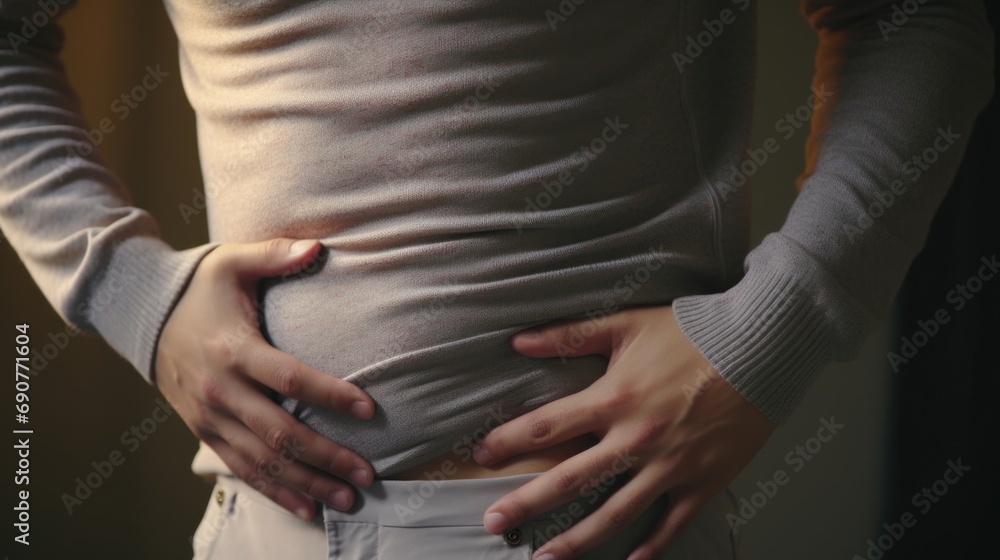 Obraz premium A woman standing with her hands placed gently on her stomach. This image can be used to represent pregnancy, motherhood, or a person experiencing abdominal discomfort