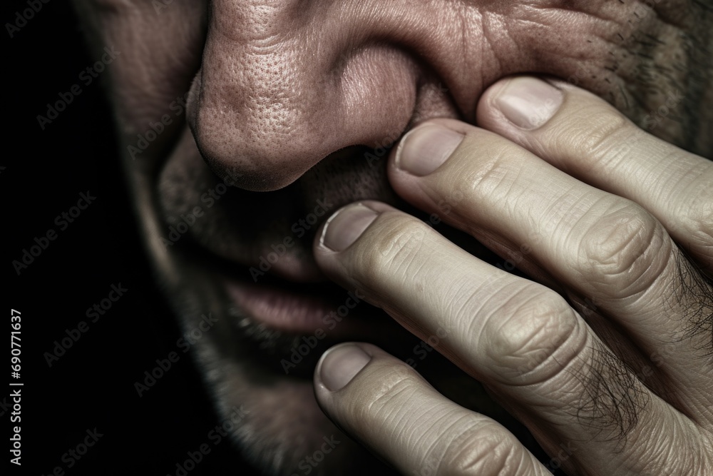 Person holding their hand to their face. Can be used to depict emotions such as sadness, frustration, or contemplation. Suitable for various concepts and themes