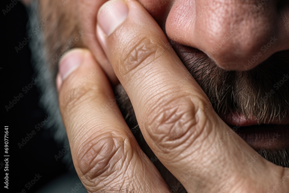 Fototapeta premium A close-up image of a person with their hand covering their face. This picture can be used to represent emotions such as sadness, frustration, or contemplation.