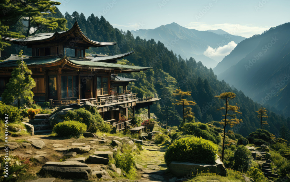 Small chinese style wooden house with a big green lawn on the top of a mountain