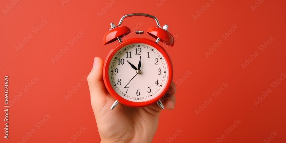 A hand is seen holding a red alarm clock against a red background. This image can be used to represent time management, waking up early, or the concept of deadlines - obrazy, fototapety, plakaty 
