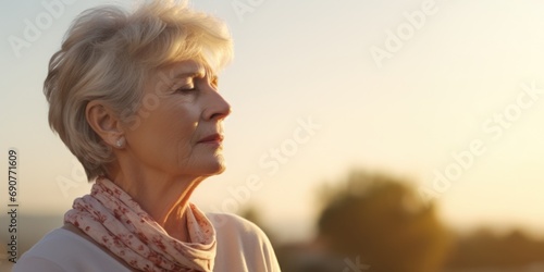 A woman with her eyes closed, contemplating and looking into the distance. Suitable for meditation or relaxation themes