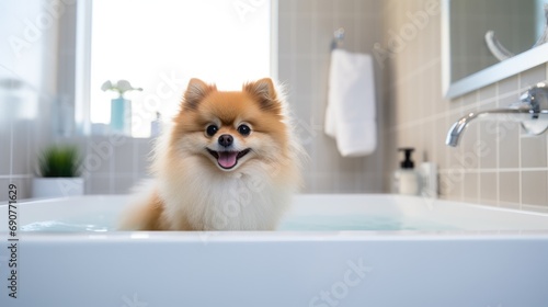 Photo of a Pomeranian dog while bathing in the bathroom