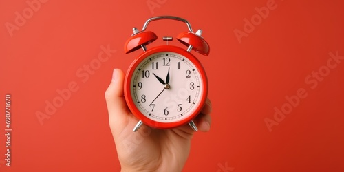 A hand is seen holding a red alarm clock against a red background. This image can be used to represent time management, waking up early, or the concept of deadlines