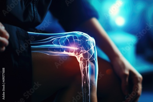 A person sitting down with a painful knee. This image can be used to depict knee pain, joint pain, physical therapy, or healthcare concepts