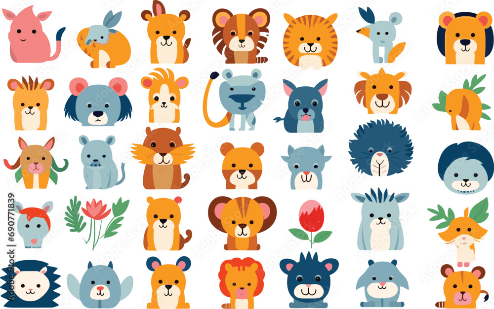 set child character cute animal jungle design print  illustration vector cartoon childish card lion decoration 