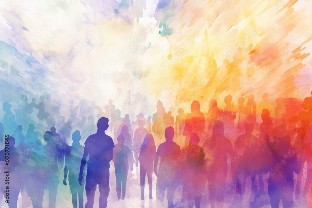 Naklejka premium A group of people standing together in front of a vibrant and colorful background. This versatile image can be used for various purposes
