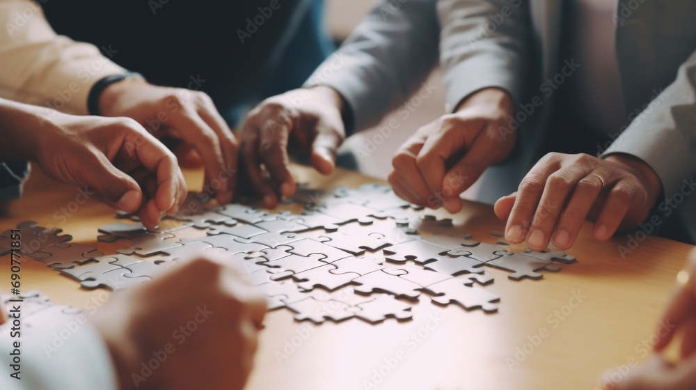 A group of people collaborating and working together on solving a puzzle. Perfect for team building activities and problem-solving concepts - obrazy, fototapety, plakaty 