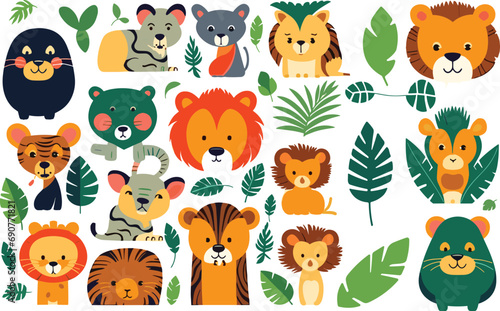 set child character cute animal jungle design print  illustration vector cartoon childish card lion baby decoration graphic