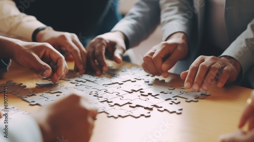 A group of people collaborating and working together on solving a puzzle. Perfect for team building activities and problem-solving concepts photo
