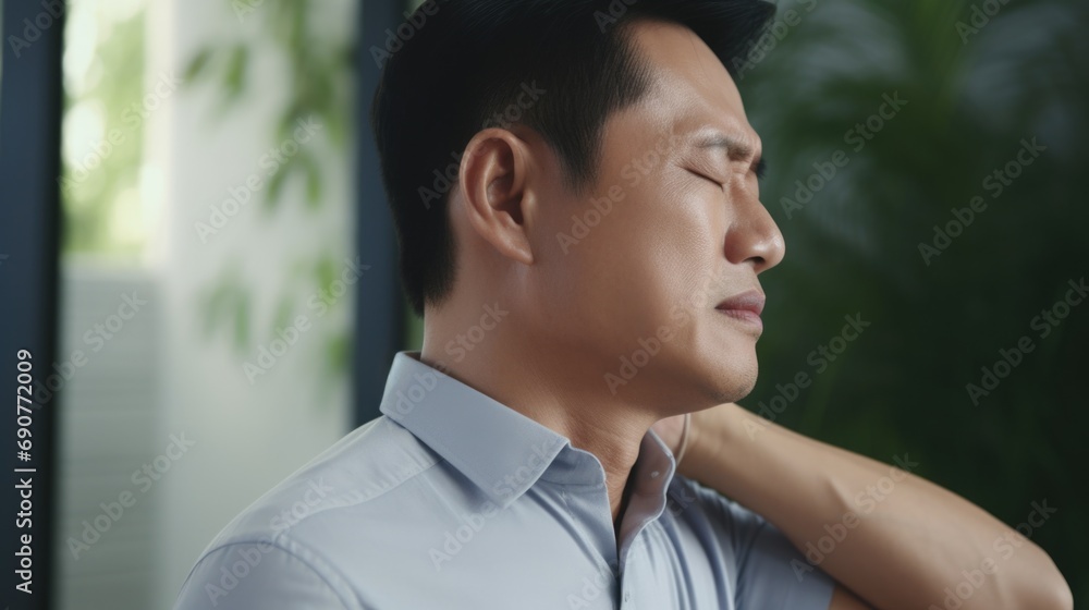 A man with his eyes closed and his hand resting on his shoulder. Suitable for relaxation, meditation, and mental health concepts A man with his eyes closed and his hand resting on his shoulder. Suitable for relaxation, meditation, and mental health concepts