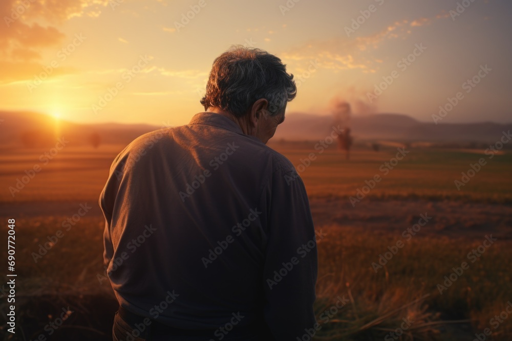 A man standing in a field, observing the beautiful sunset. This image can be used to depict tranquility and appreciation of nature