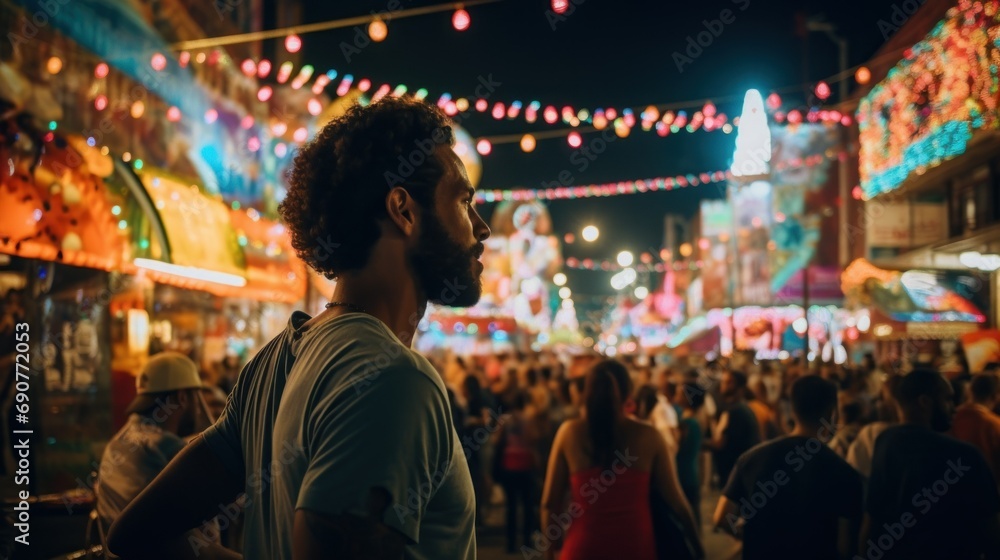 A man enjoying the lively atmosphere at the Feria de Cali festival night in Colombia A man enjoying the lively atmosphere at the Feria de Cali festival night in Colombia