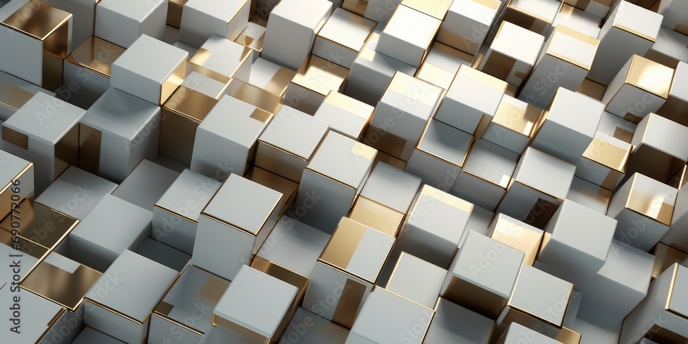 A collection of gold and silver cubes arranged in a room. Can be used for various design projects A collection of gold and silver cubes arranged in a room. Can be used for various design projects