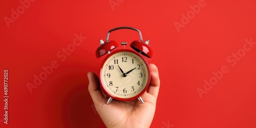 Hand holding a red alarm clock on a red background. This image can be used to represent time management, punctuality, and deadlines