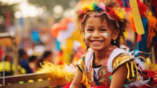 A young girl in colorful festival attire at Feria de Cali, Colombia, with a vibrant background 