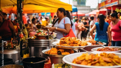 Fototapeta Naklejka Na Ścianę i Meble -  A bustling street food market with a variety of Colombian dishes on display at feria de Cali, Colombia