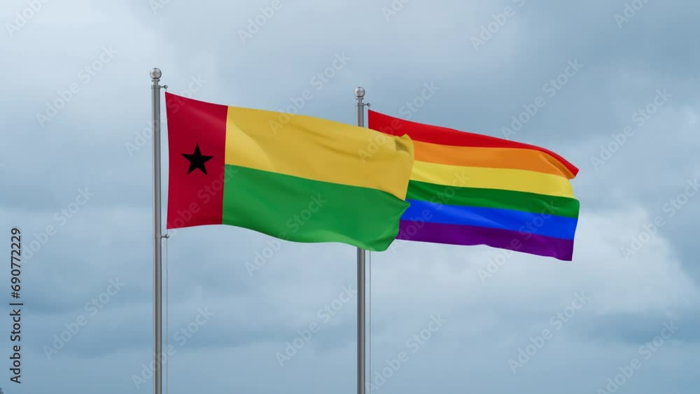 LGBT movement flag also Gay Pride and Guinea-Bissau flag waving cycle looped video, tolerance conception in country LGBT movement flag also Gay Pride and Guinea-Bissau flag waving cycle looped video, tolerance conception in country