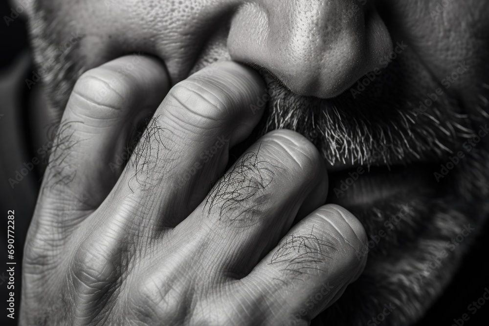 Fototapeta premium A black and white photo of a man with a hand covering his mouth. This image can be used to represent shock, surprise, secrecy, or contemplation