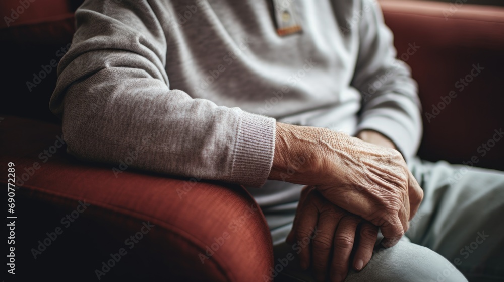 A man is sitting on a red couch, holding his hands. This image can be used to depict relaxation, contemplation, or waiting A man is sitting on a red couch, holding his hands. This image can be used to depict relaxation, contemplation, or waiting