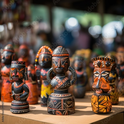 A close-up of intricately designed tribal art statues displayed at a market at Dwijing Festival