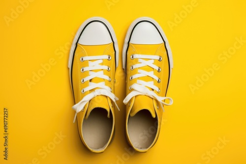 A pair of yellow sneakers on a yellow background. Perfect for sports and fashion-related designs photo