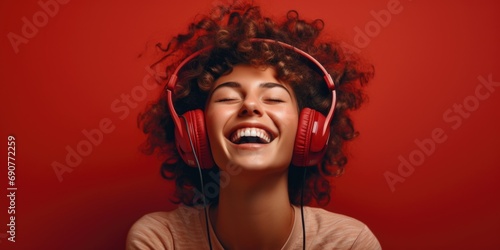 A woman is seen wearing headphones and laughing. This image can be used to depict joy  happiness  or entertainment