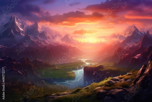 A painting depicting a breathtaking sunset over a serene mountain valley. Perfect for nature enthusiasts and those seeking a peaceful and scenic atmosphere. © Fotograf