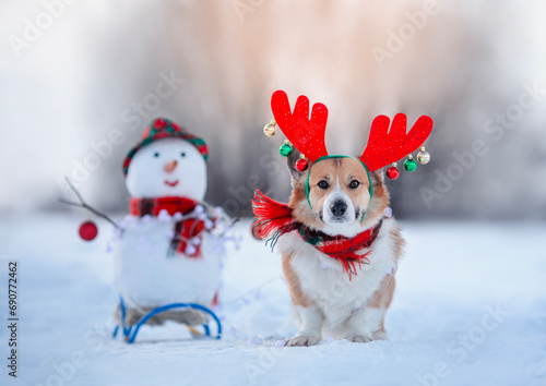 New Year card with cute Christmas corgi in reindeer antlers in a scarf with a snowman in a winter snowy park