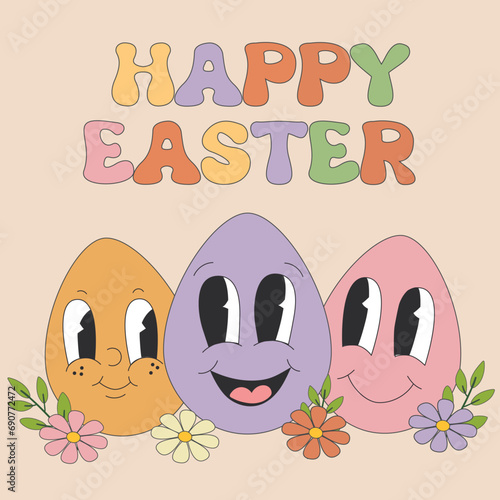 Retro groovy easter egg character. Cute siting mascot with banny ears holding littl chicken. Spring holiday concept in trendy retro 60s 70s cartoon style.