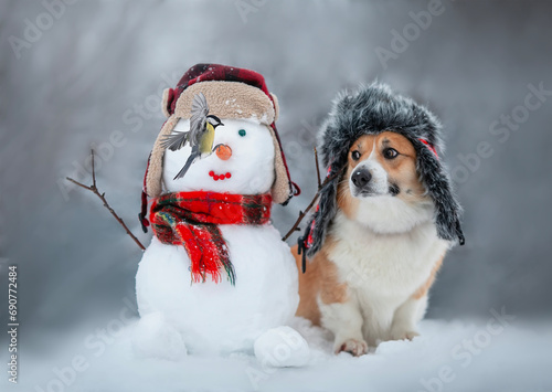 New Year card with a cute Christmas corgi in a warm hat sitting with a snowma...