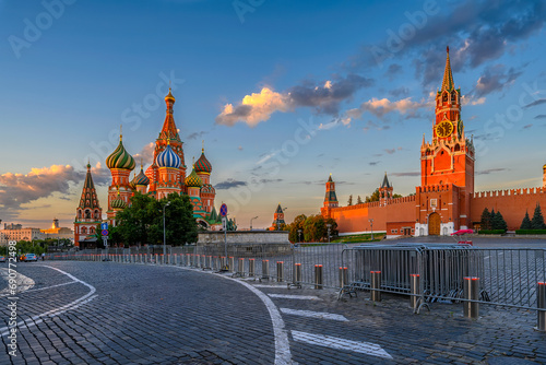 Saint Basil's Cathedral, Spasskaya Tower and Red Square in Moscow, Russia. Architecture and landmarks of Moscow. photo