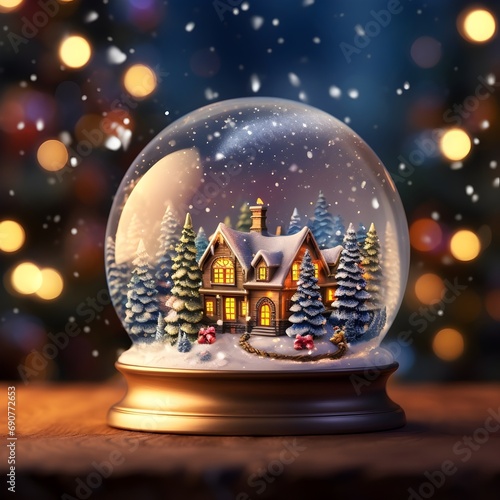Magical Christmas snow globe with a house inside the snow globe - bokeh effect in the background - Generative AI © Lori