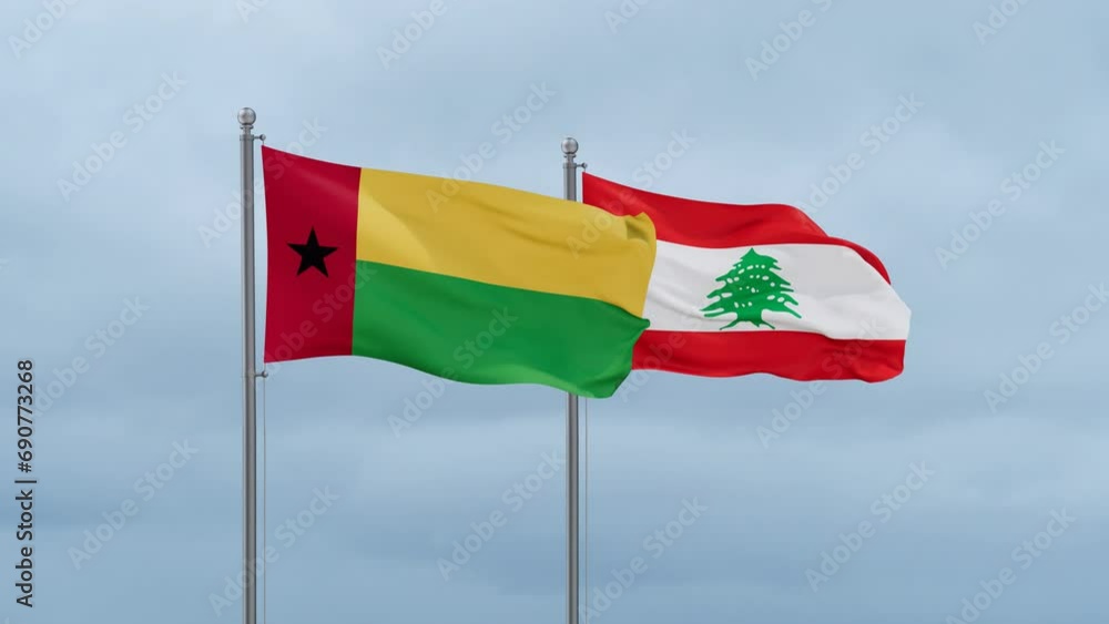 Lebanon flag and Guinea-Bissau flag waving together on cloudy sky, endless seamless loop, two country relations concept Lebanon flag and Guinea-Bissau flag waving together on cloudy sky, endless seamless loop, two country relations concept