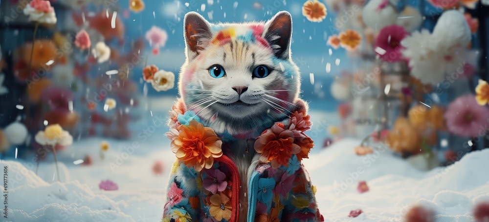 kotek w kolorowe kwiatki padający śnieg - obrazy, fototapety, plakaty 