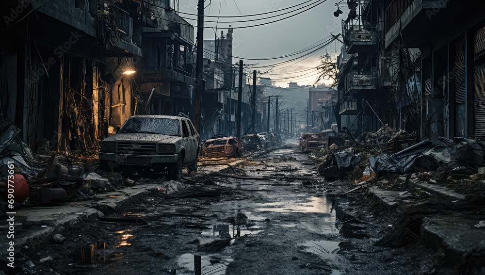 widok zniszczonego miasta po wojnie, zniszczona droga, samochody ulica, budynki