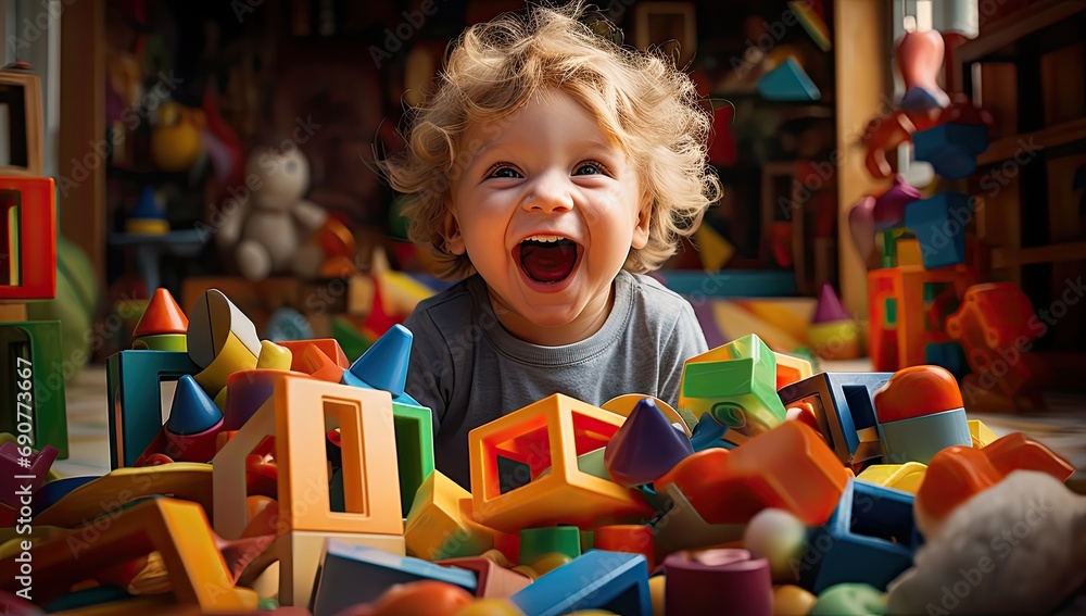 uśmiechnięte dziecko w śród zabawek i klocków do zabawy - obrazy, fototapety, plakaty 